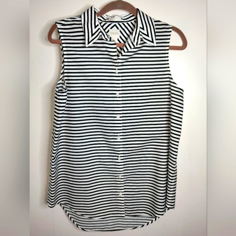 Chico's (Size 1/M/8) Black & White Striped Button Down Front Sleeveless Top